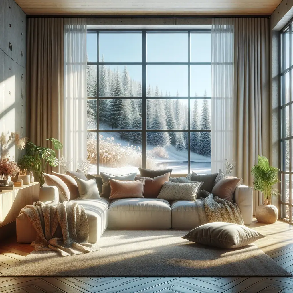 A cozy living room interior that exudes warmth and comfort, featuring large energy-efficient windows that provide a clear, bright view of the outside