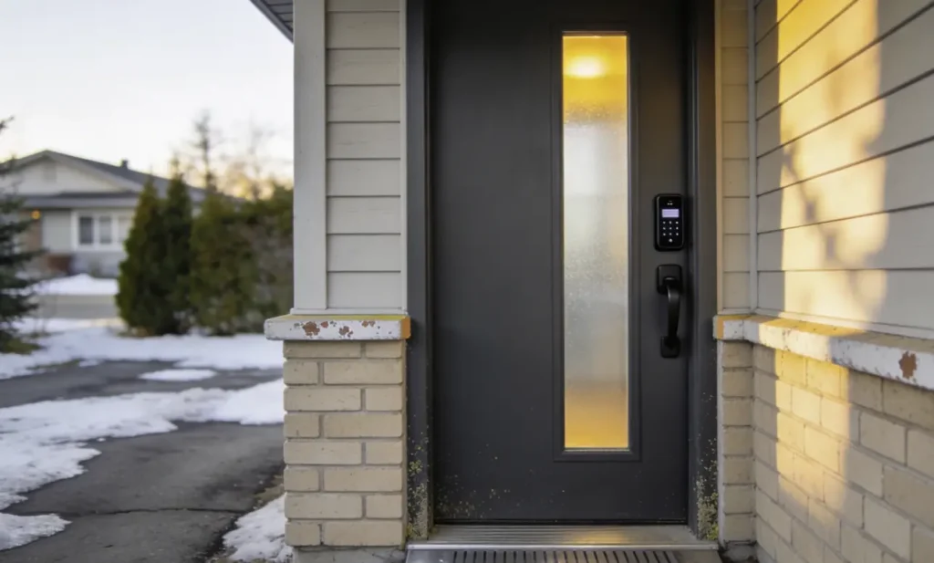 Calgary bungalow entry door fiberglass matte charcoal with smart lock, realistic imperfections like weather wear and dust