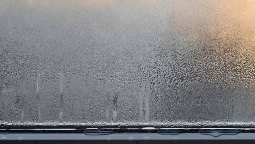 Close-up of frost patterns on a car windshield with a wiper blade at the bottom, during sunrise.