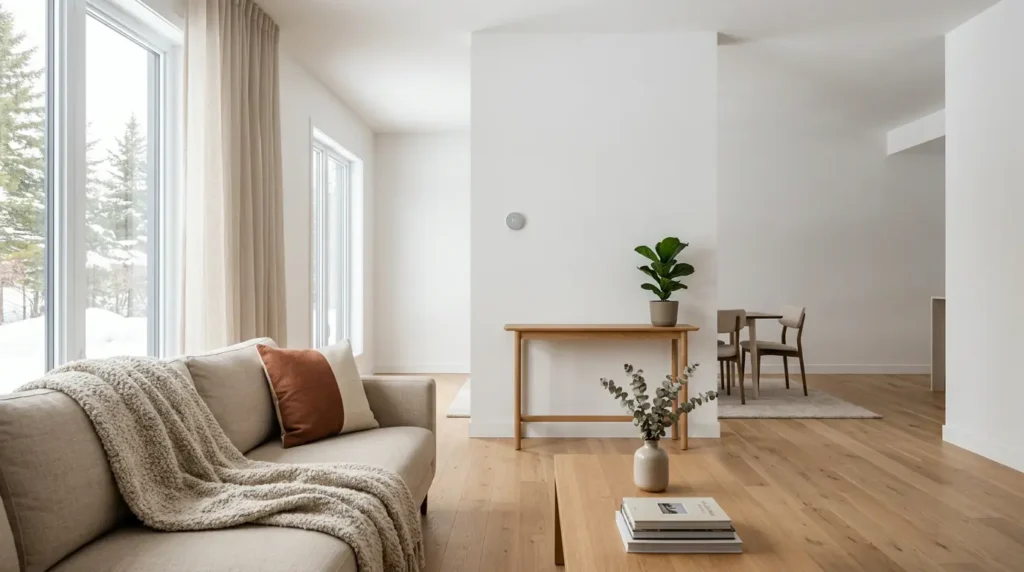 Bright living room with a beige sofa, knitted throw, rust pillow, and coffee table with a vase and books; dining nook in the background.