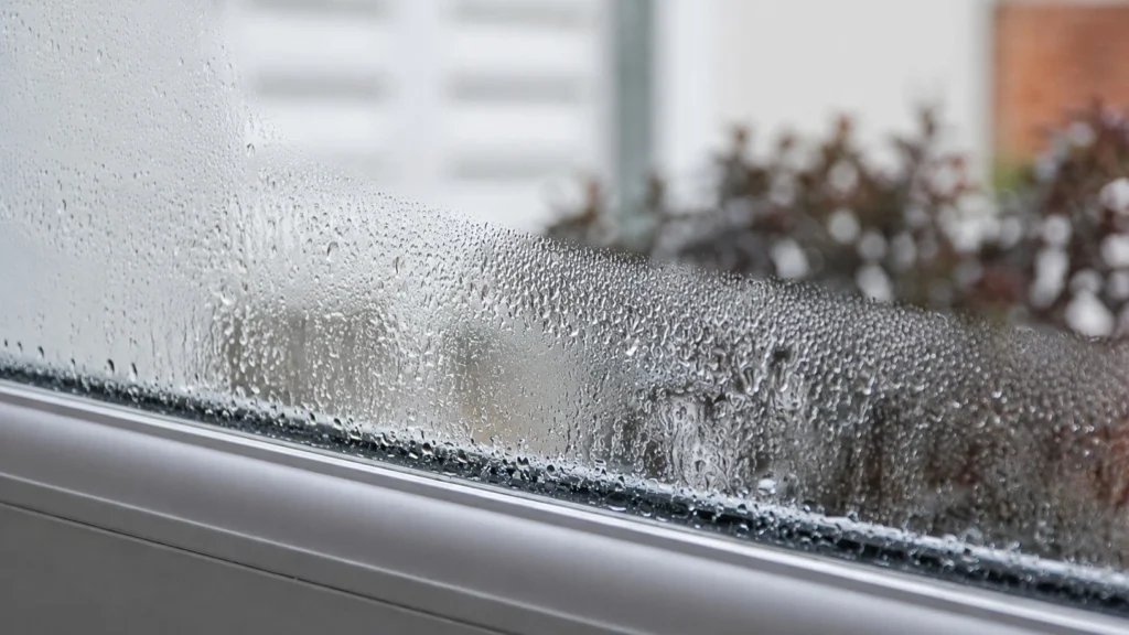 Condensation and water droplets forming on the inside of a residential window.