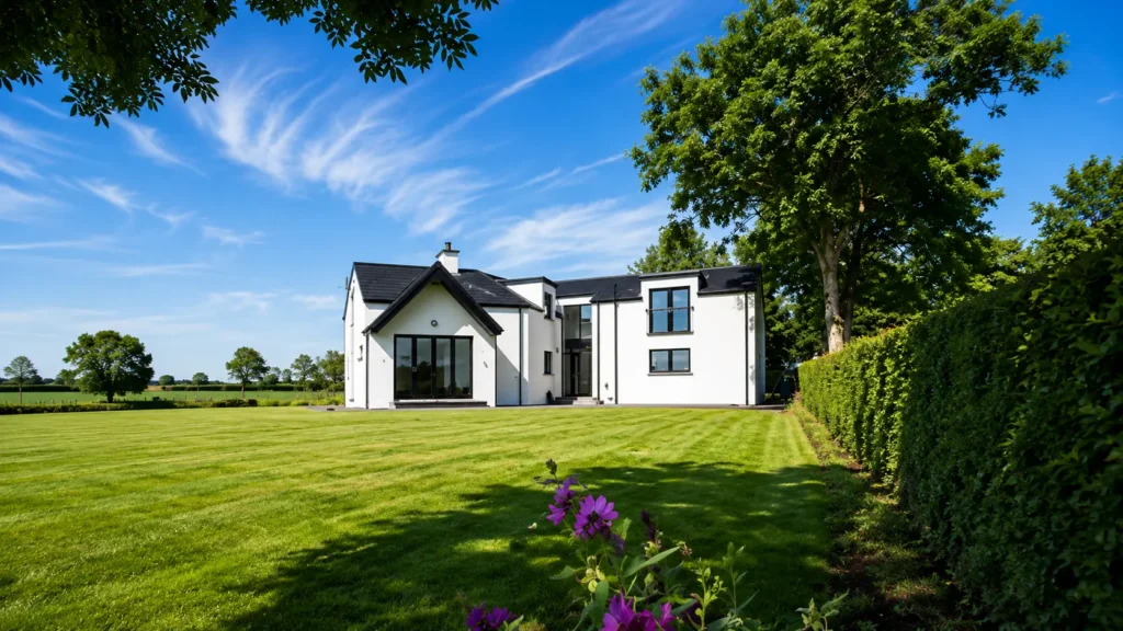 Modern single-story home with landscaped front yard and concrete walkway under a bright blue sky.