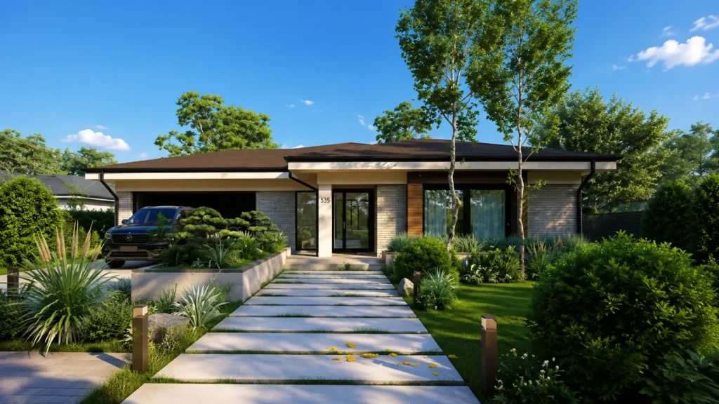 Modern white country home with black-framed windows, large green lawn, mature trees, and blue sky.