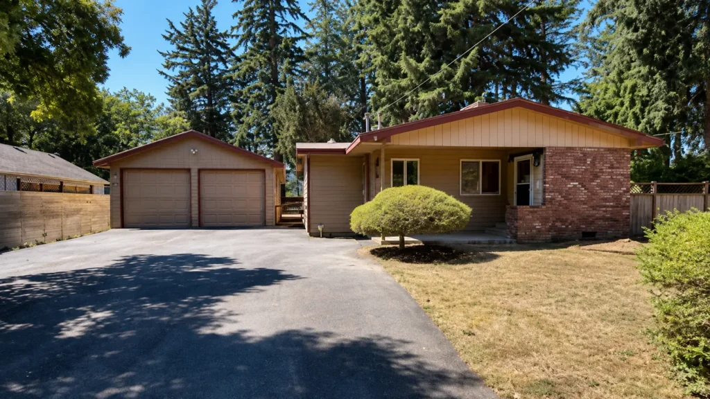 Ranch-style home with detached two-car garage, paved driveway, and mature trees.