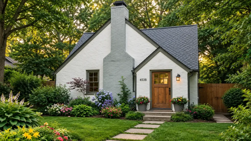 White cottage-style home with a central brick chimney, wood front door, stepping-stone path, and landscaped flower garden.
